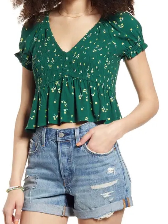 bp Tops - Nordstrom Women's BP. Babydoll Shirred Crop Top - Green - Size XS